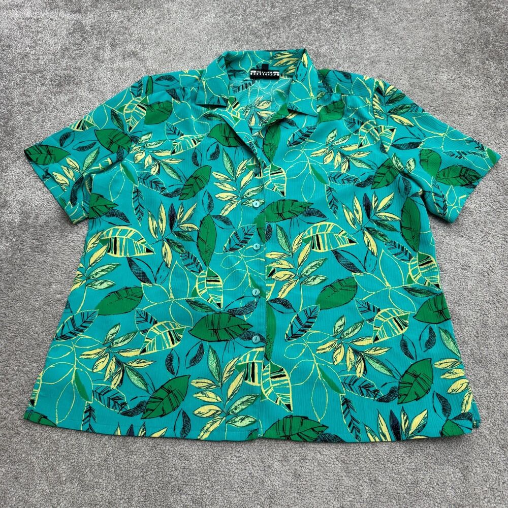 Vintage 90s Donnkenny Classics Blouse Womens XL Green Tropical Leaf Seersucker